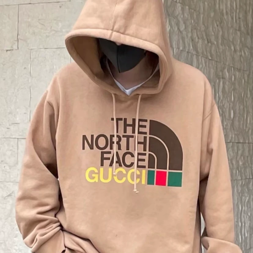 99新 GUCCI/古驰 J13966 棕色logo字母印花棉质连帽抽绳长袖卫衣