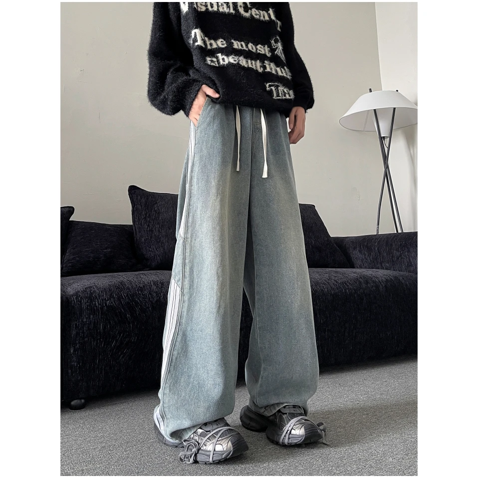 美式牛仔裤男加绒新款高街运动风潮流爆款休闲百搭拼接宽松裤子