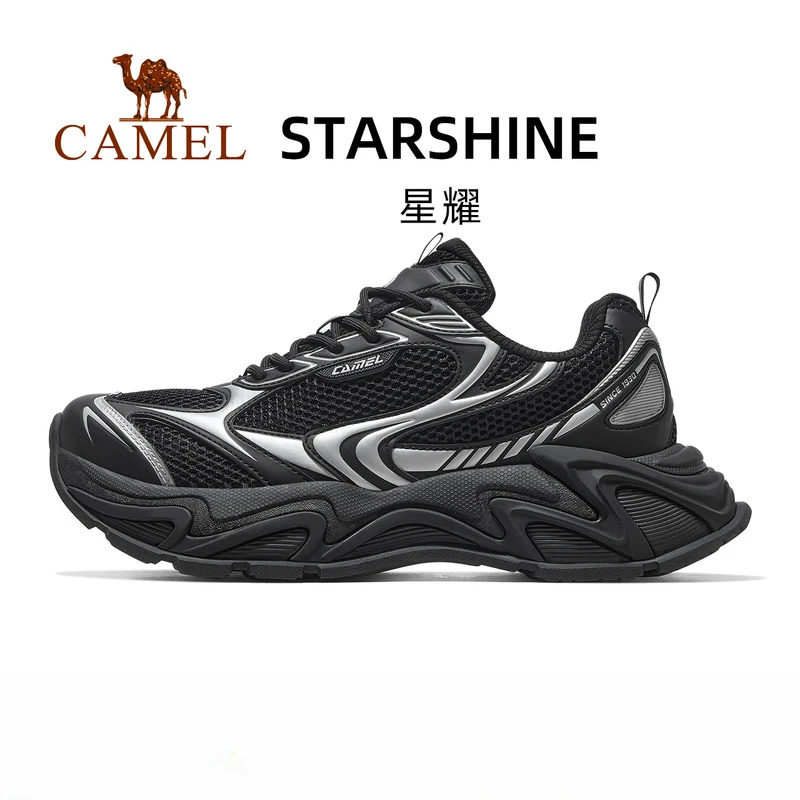 骆驼星耀运动鞋男款2025新款黑色鞋子透气男鞋复古厚底增高老爹鞋