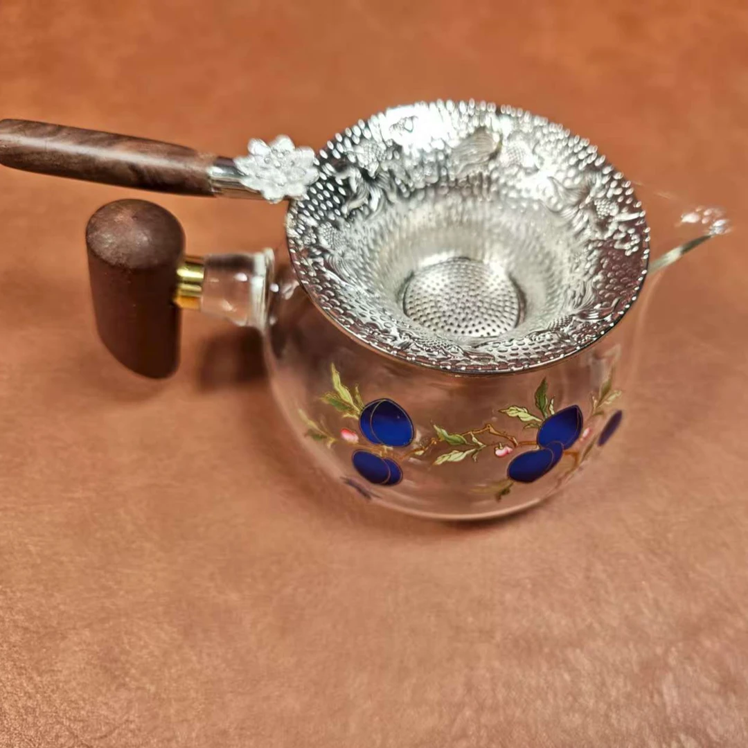 变色寿桃木柄玻璃公道带茶漏3205透明日式创意茶道锤纹木把分茶