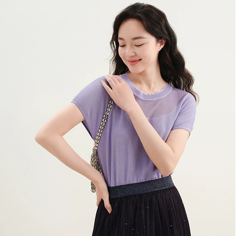 Koradior/珂莱蒂尔夏季短袖纯色毛针织衫修身名媛显瘦轻奢优雅