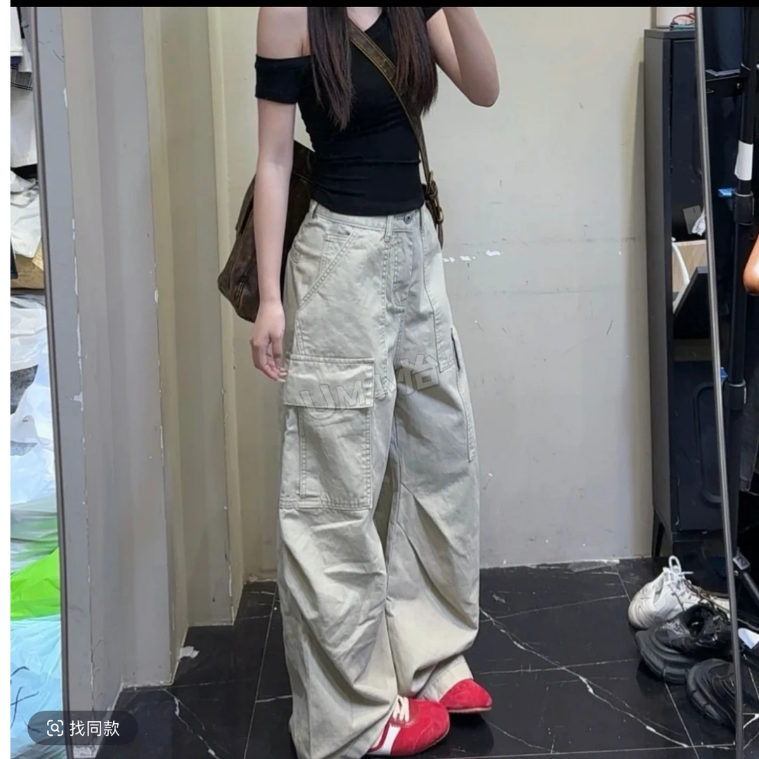 奶茶海盐工装裤/夏季美式宽松显瘦阔腿长裤女