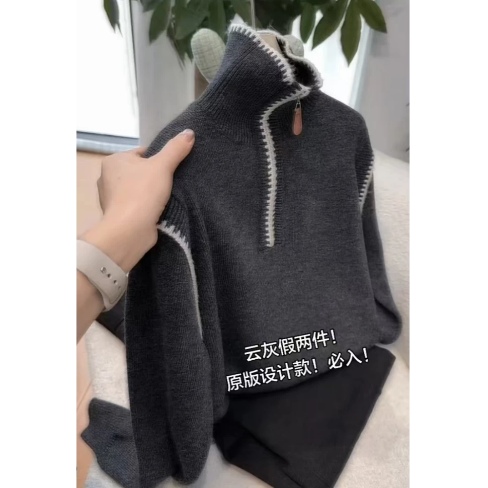韩版半拉链假两件撞色边针织衫女秋冬新款高级感百搭大码显瘦上衣
