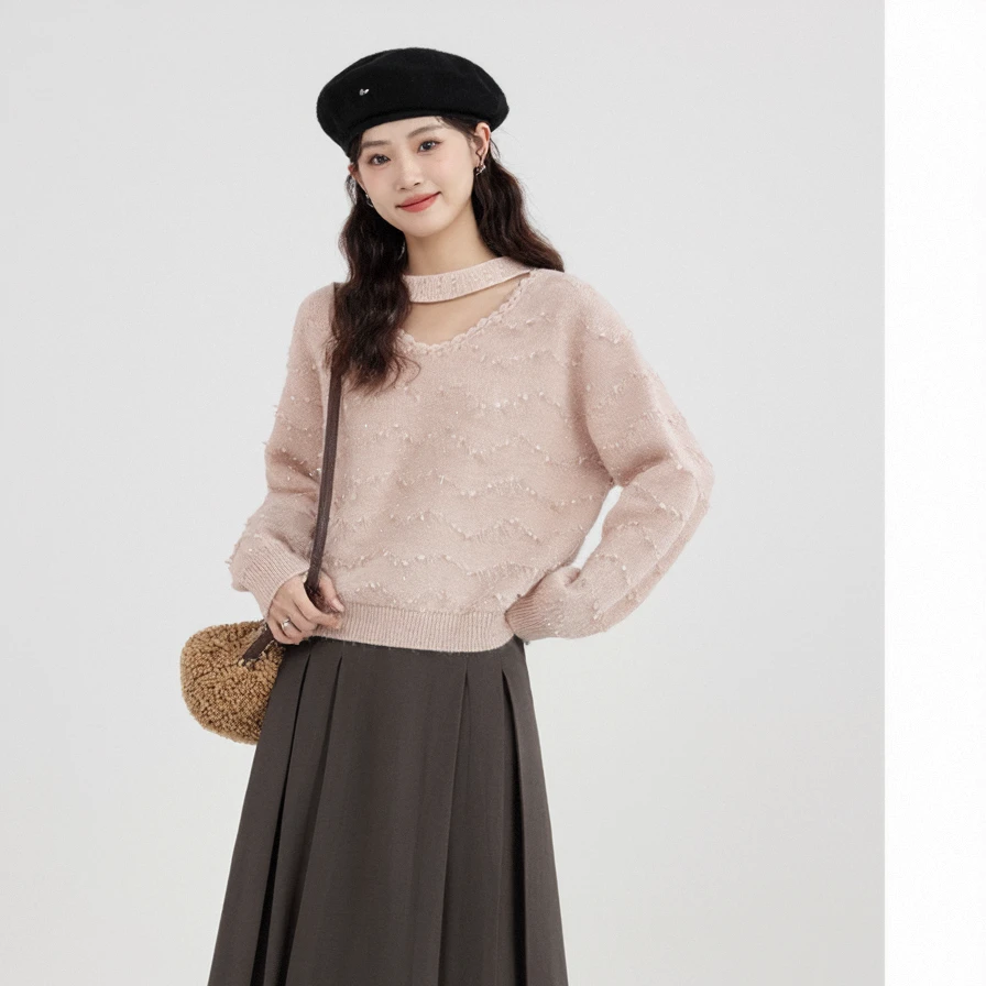 奢姿2025冬新款大码女装圆领镂空挂脖肌理感针织毛衣温柔显瘦上衣