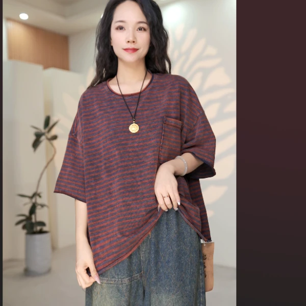 炒色大码圆领条纹短袖t恤女夏季2025新款简约休闲体恤百搭上衣潮