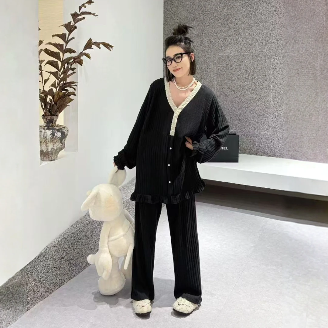 XPP特体300斤秋冬套装睡衣磨毛绒保暖长袖长裤蕾丝家居服50933