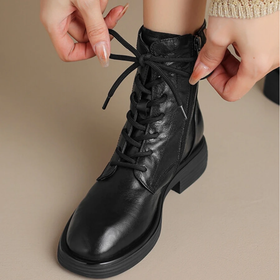 羊皮断码清仓真皮英伦风系带马丁靴粗跟冬季新款单靴百搭厚底短靴