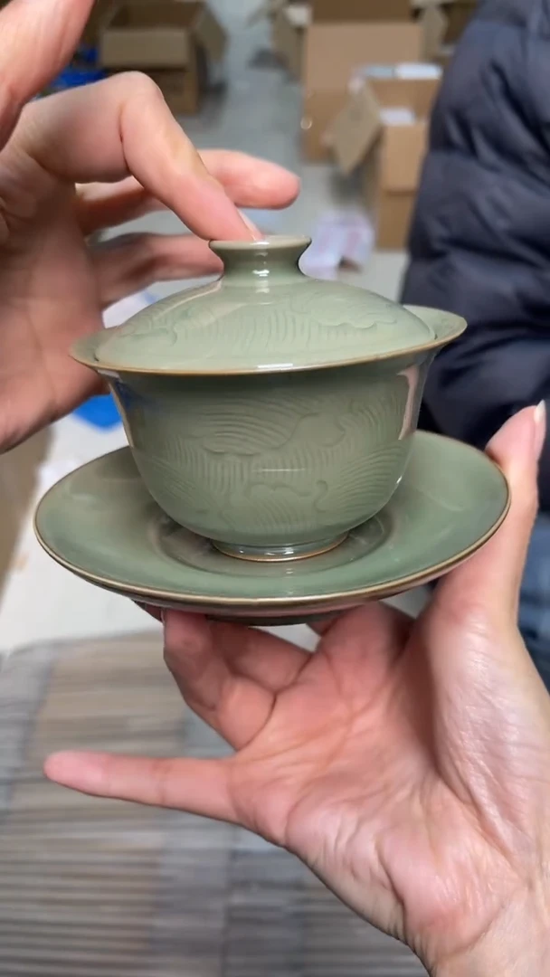 陶瓷上奇 纯手工秘色水波纹三才盖碗