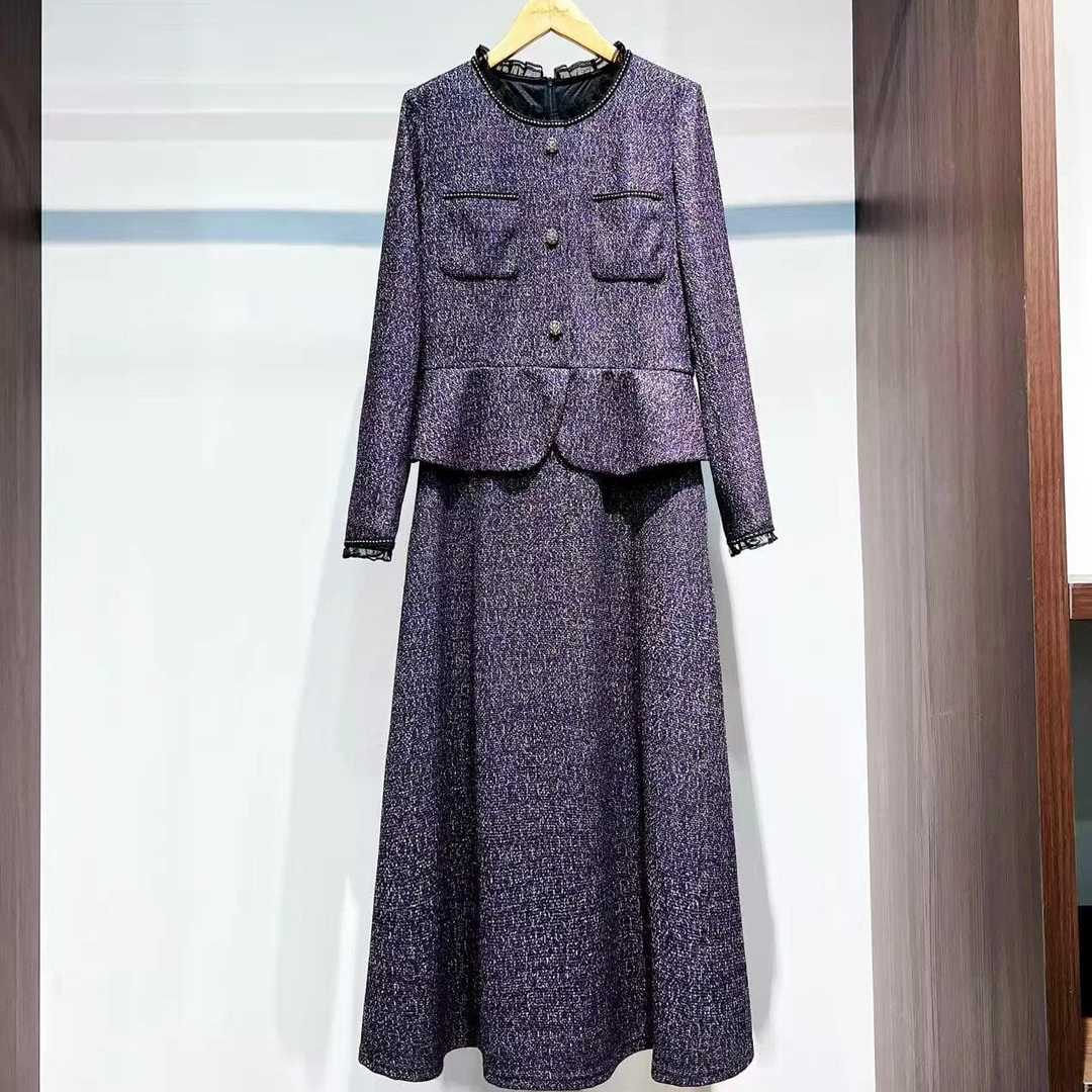 【萨拉迪恩】秋冬时尚优雅小香风花呢宽松连衣裙