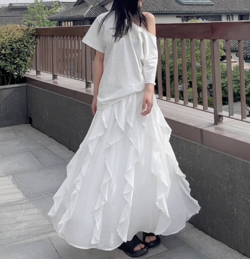 CNYBFIPR高腰荷叶边蕾丝半身裙女裙气质纱裙拼接白色中长款