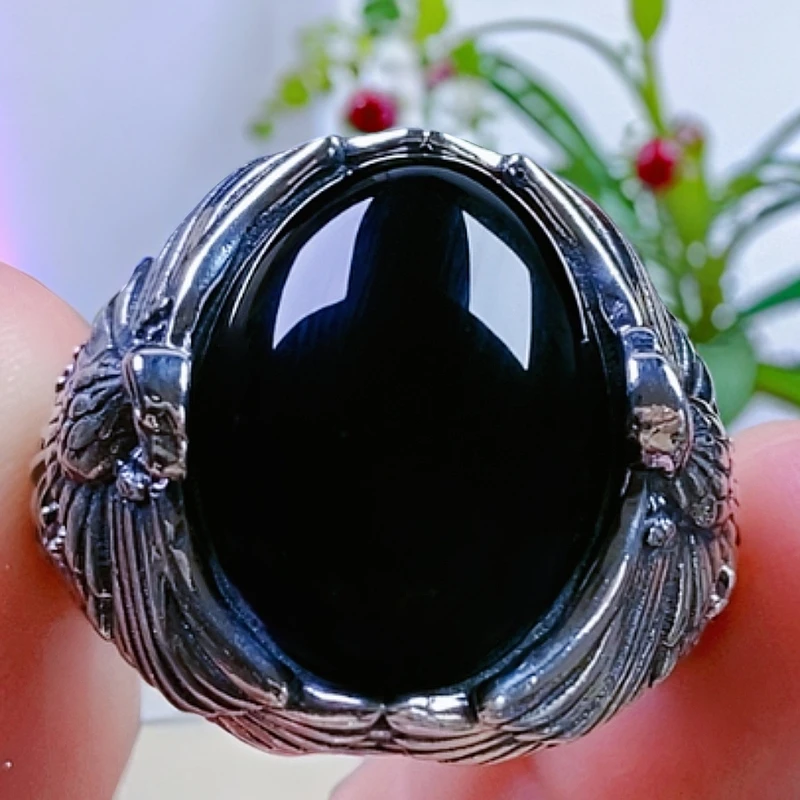 S925银镶嵌天然黑金刚黑玛瑙鸽子蛋面大展宏图复古风重工银戒