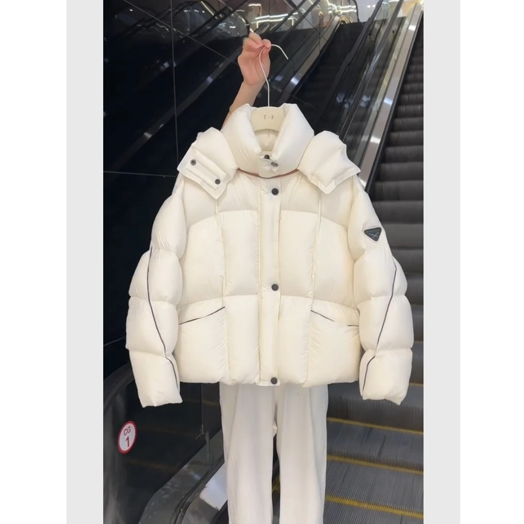 韩系高级感连帽白色棉服女装2025冬季新款设计感龟背加厚保暖外套