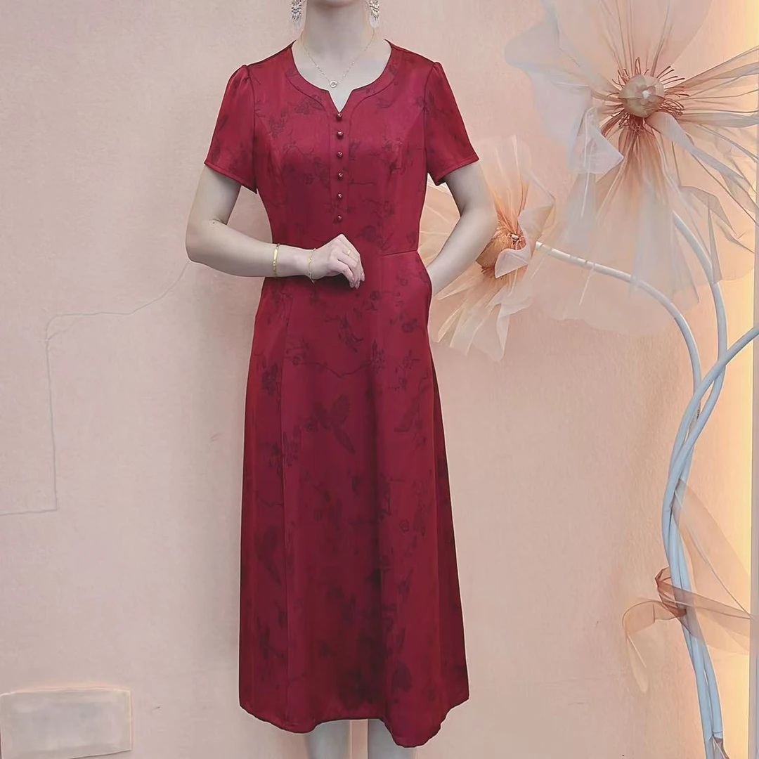 【梦雅女装】夏季修身新中式气质显瘦国风优雅中长款红色连衣裙