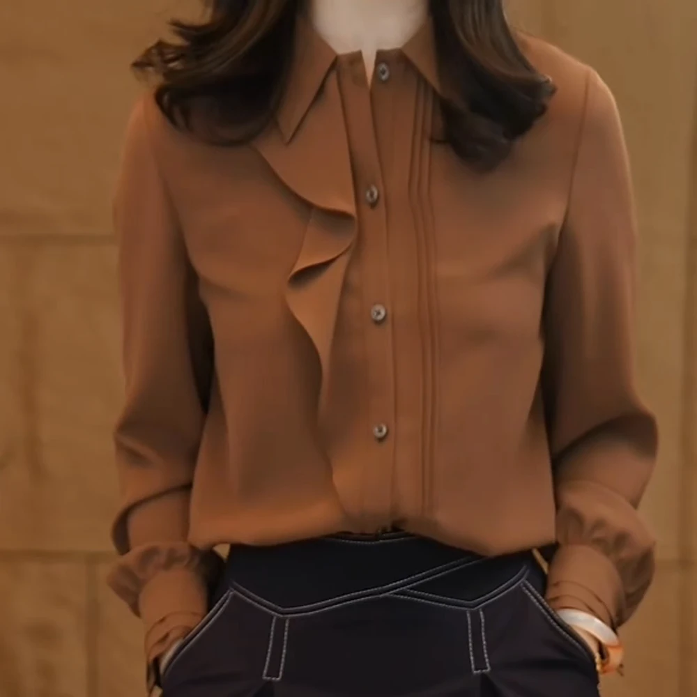欧若风曼贝衬衫女士高级显瘦摩卡棕气质衬衣设计感复古百搭洋气