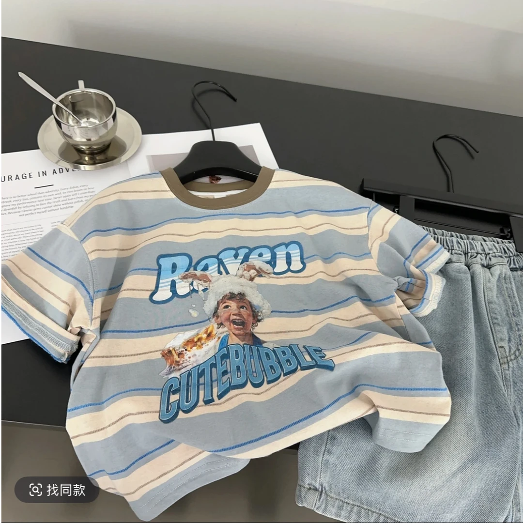 男童条纹短袖T恤套装夏季2025新款儿童帅气潮小男孩牛仔短裤夏装