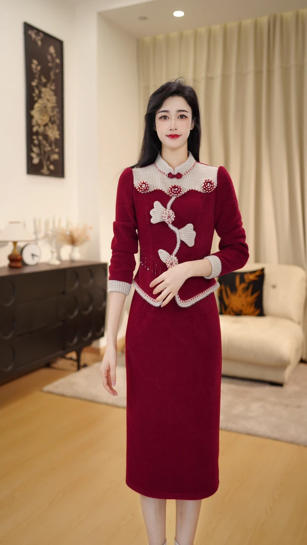 【 DLS5Q520】加毛加厚新中式轻奢冬季款收腰显瘦高端精致连衣裙