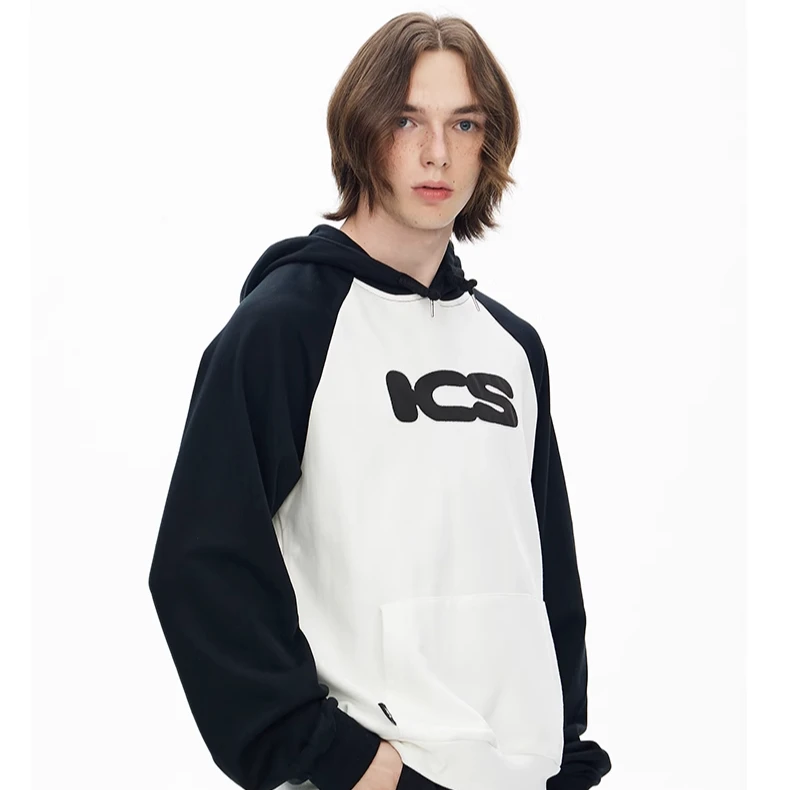 iconslab刺绣LOGO插肩袖连帽卫衣百搭休闲男女同款帽衫春