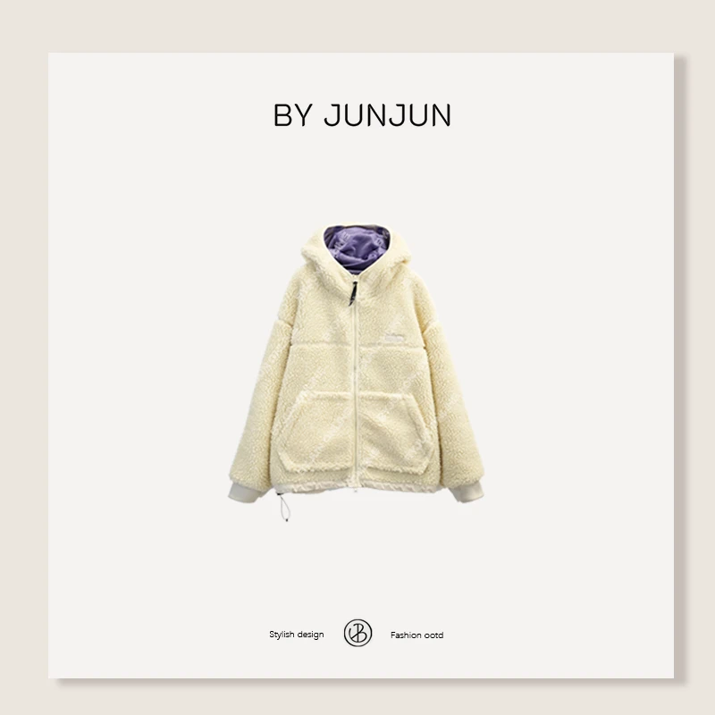 BYJUNJUN 小众设计师 秋冬新品韩版【怡口莲】 摇粒绒拼接连帽外套