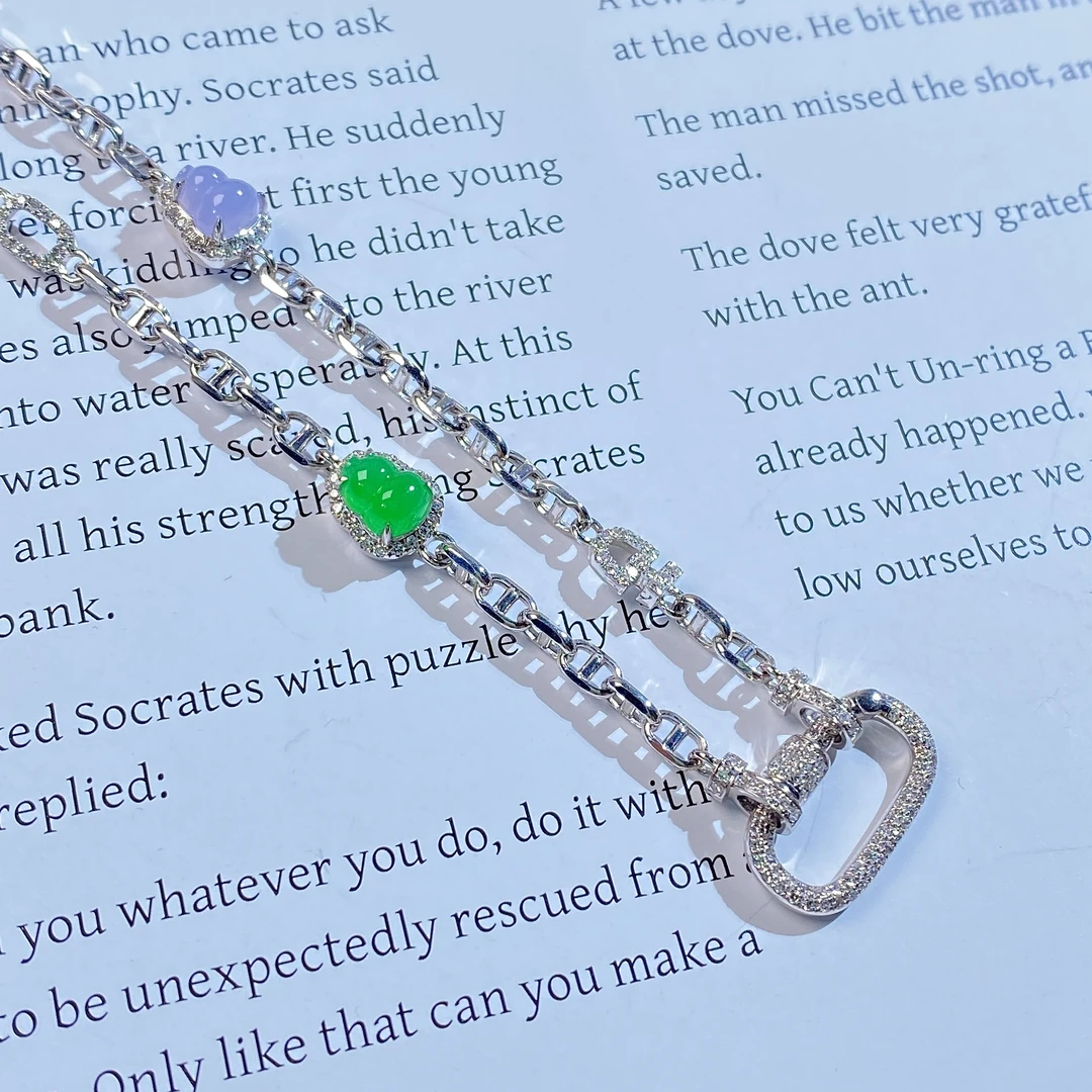 美赞珠宝-18K金镶嵌翡翠双葫芦回形针猪鼻链百搭轻奢气质精致