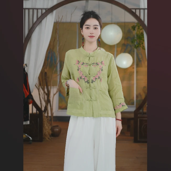 新中式文艺风立领常规袖长袖刺绣衬衫文艺女装茶服民族风S25506C