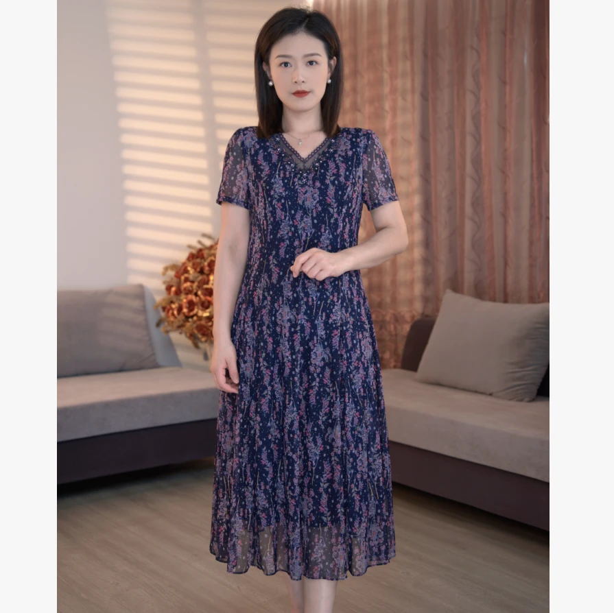 2025夏季女装中年妈妈装收腰中长款短袖台湾纱连衣裙7627-56