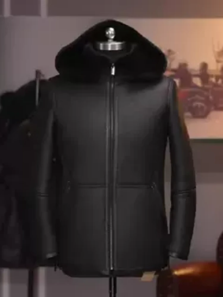 黑2305-1休闲原生态皮毛一体男冬季厚真皮毛翻领外套夹克加绒男款