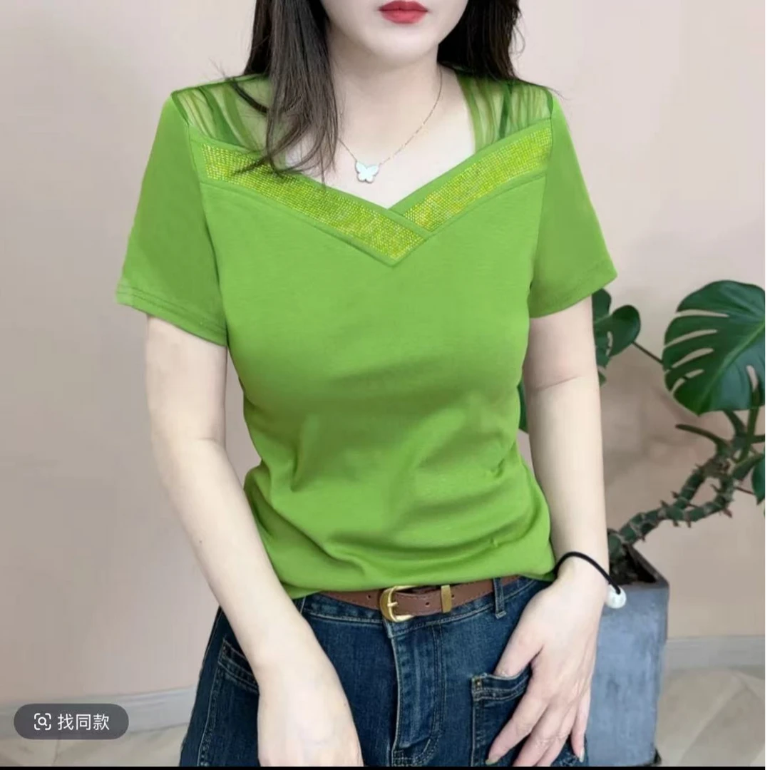2025夏季时尚洋气网纱上衣重工烫钻气质V领弹力精梳棉短袖减龄女