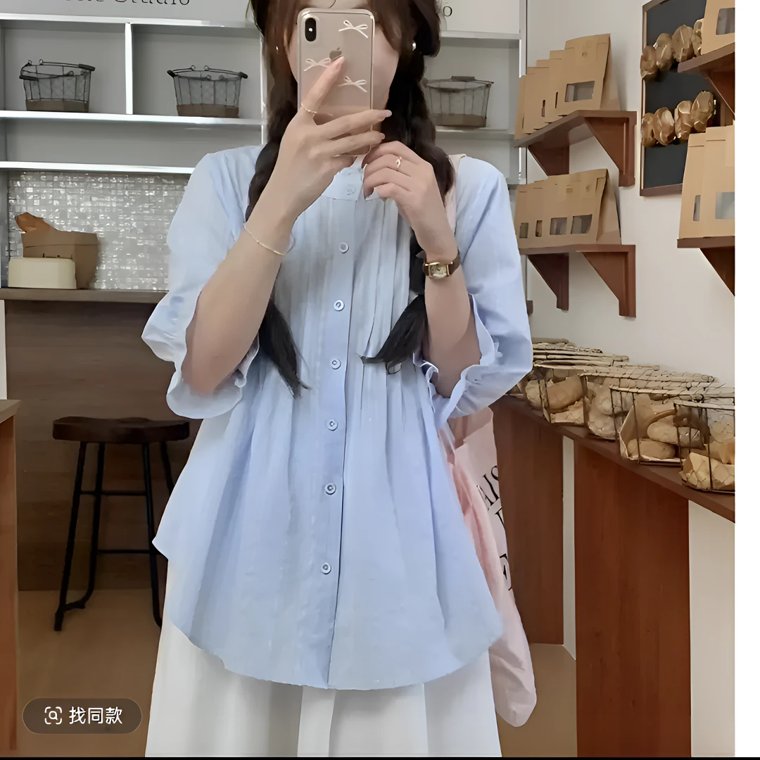 日系甜美蓝色泡泡袖衬衫女春季新款小众宽松简约褶皱气质减龄上衣