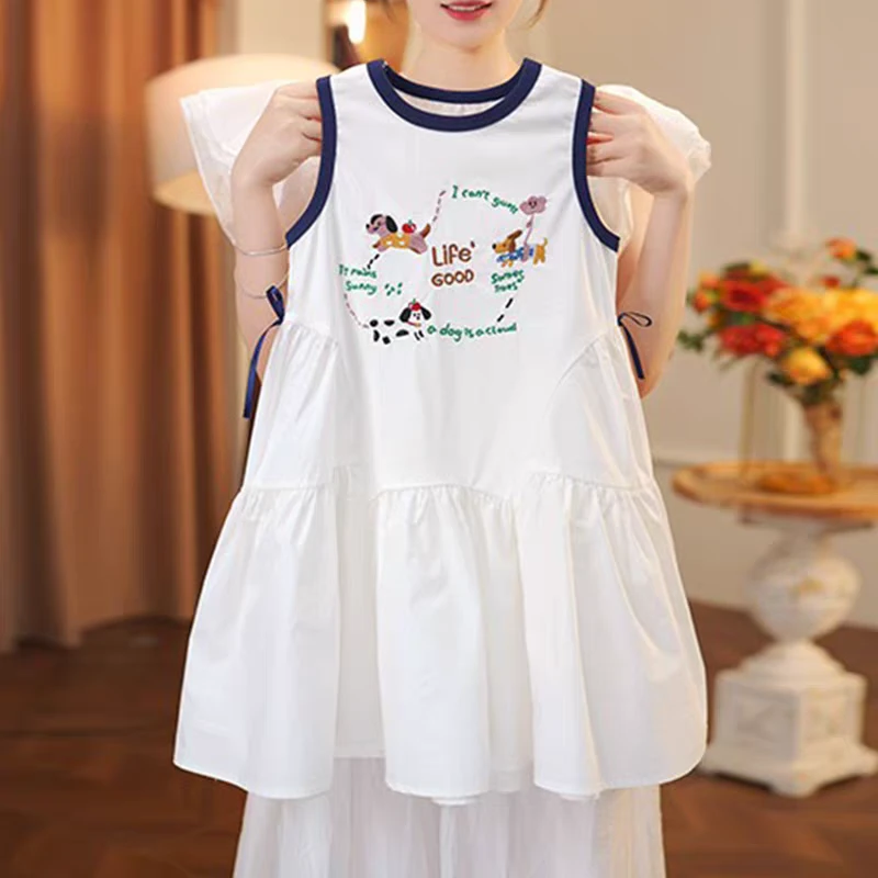 印花卡通休闲风无袖赫本风女童连衣裙洋气夏季韩版小女孩公主裙