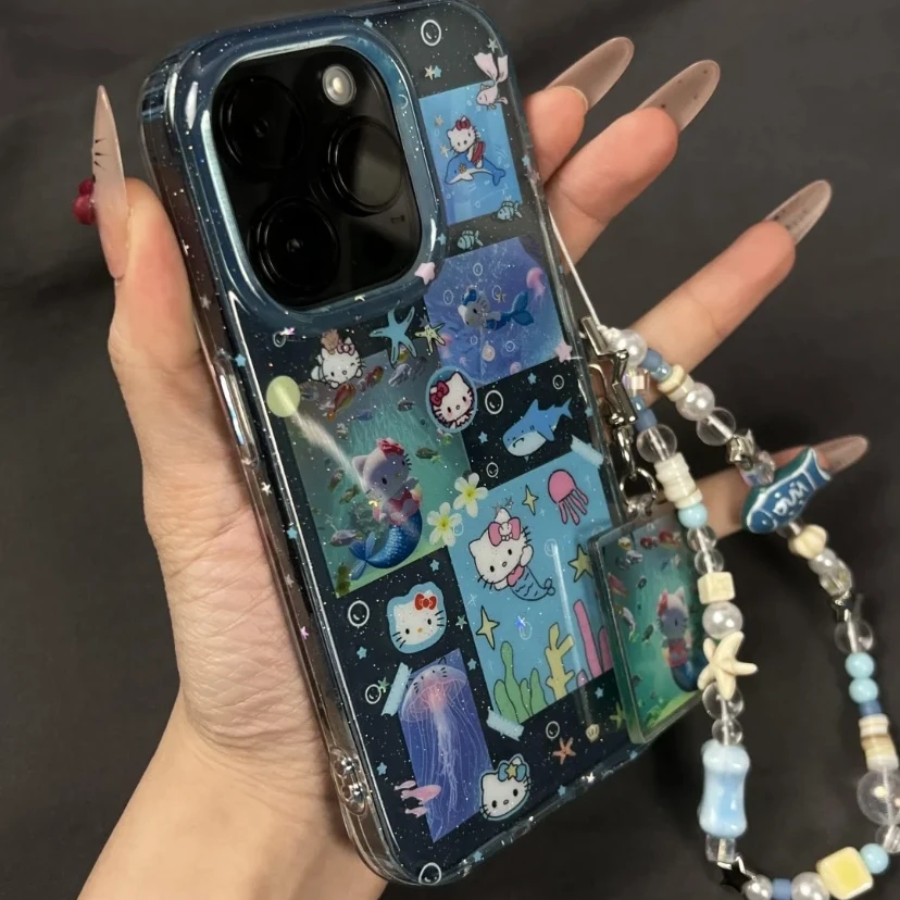 透蓝闪粉海底kt猫美人鱼贴纸适用iPhone16promax手机壳苹果15pro