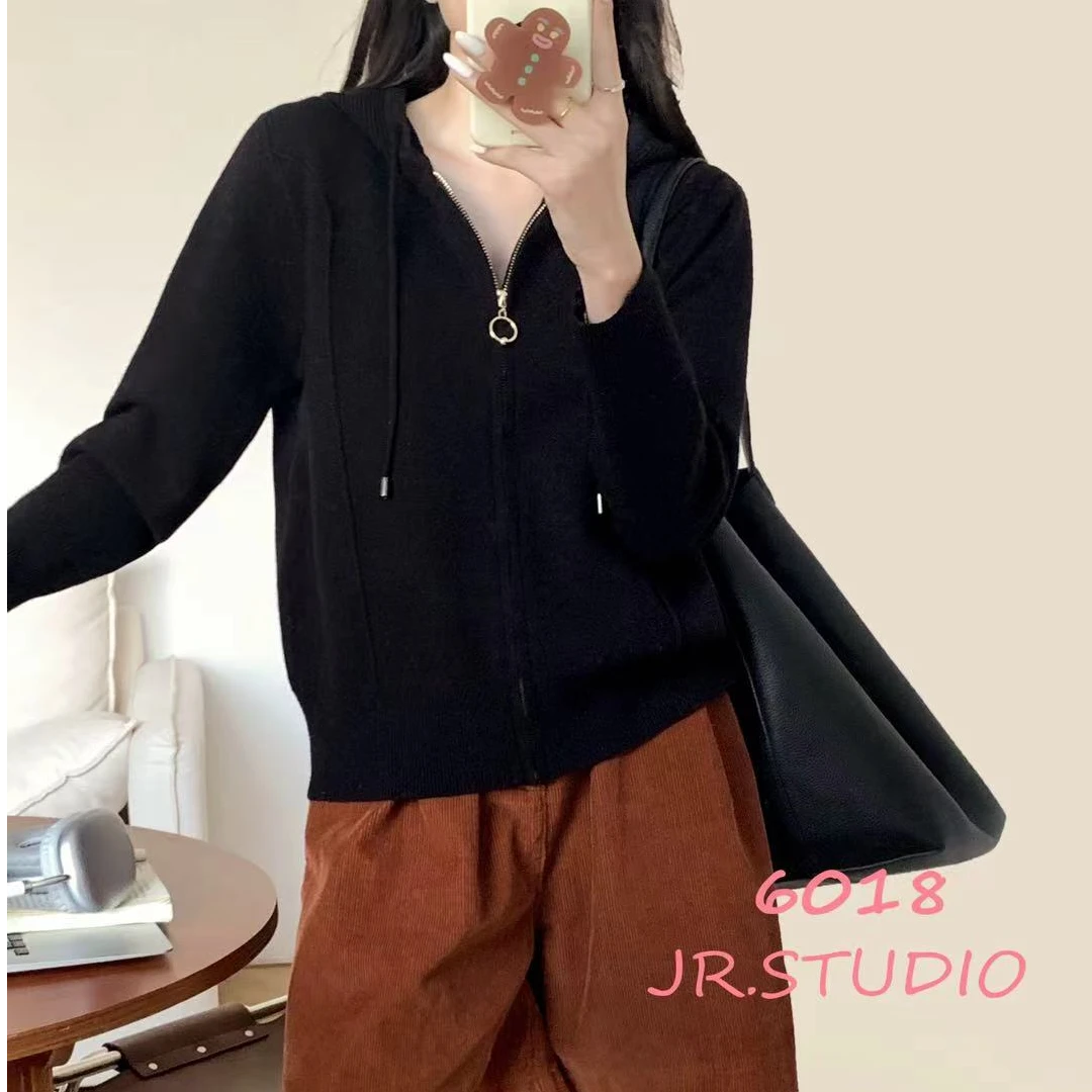 (安沐）连帽针织衫点点设计款高端开衫6018