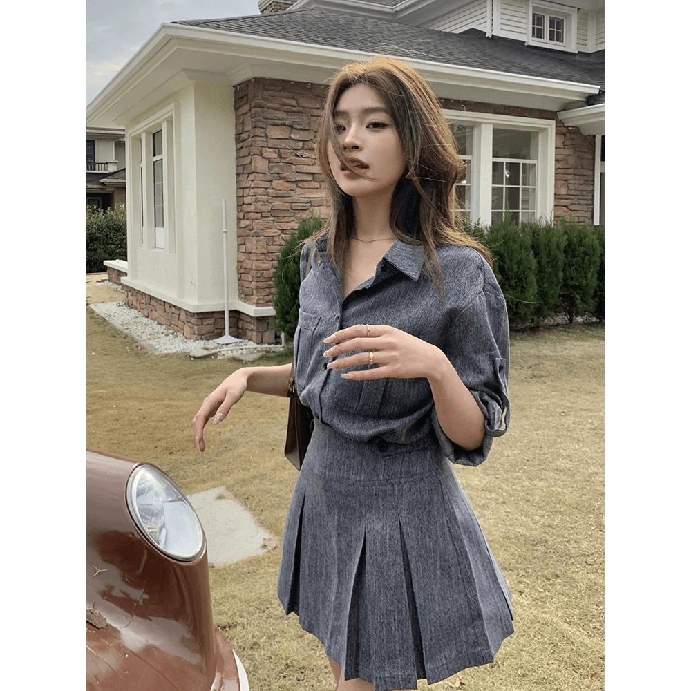 2024新款女装夏装时尚仿仔衬衫百褶短裙两件套通勤套装女套装