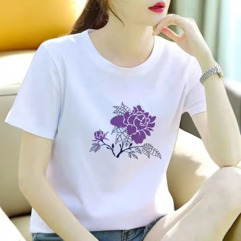 45到55岁洋气女装减龄宽松遮肚显瘦打底衫夏季休闲印花短袖t恤薄.