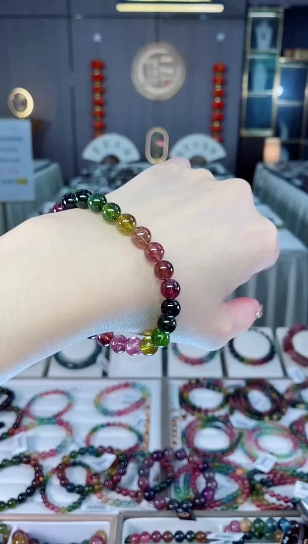 老矿碧玺色标彩虹透体单圈手串7mm+未镶嵌碧玺dan多样性发货一条