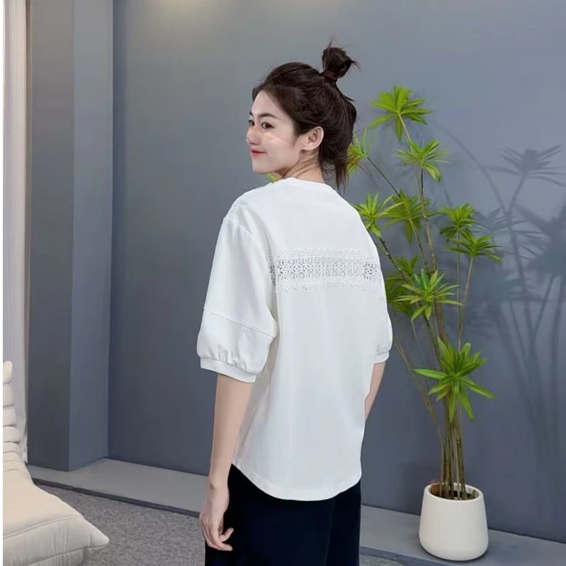 5075 拼接花边设计感简约休闲百搭T恤