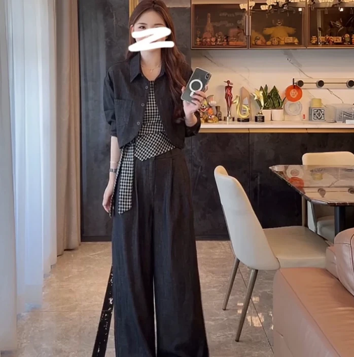 【三件套】老钱风格子牛仔吊带外套女2025秋款新款慵懒休闲裤3419#