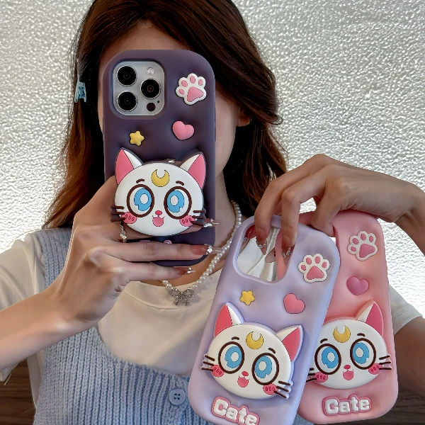 (苹果)露娜猫支架适用iPhone16卡通可爱创意女款立体软硅胶手机壳