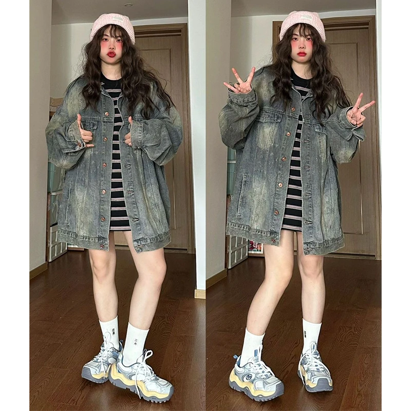 美式复古百搭牛仔外套女春秋款大码微胖mm宽松显瘦慵懒风外搭上衣