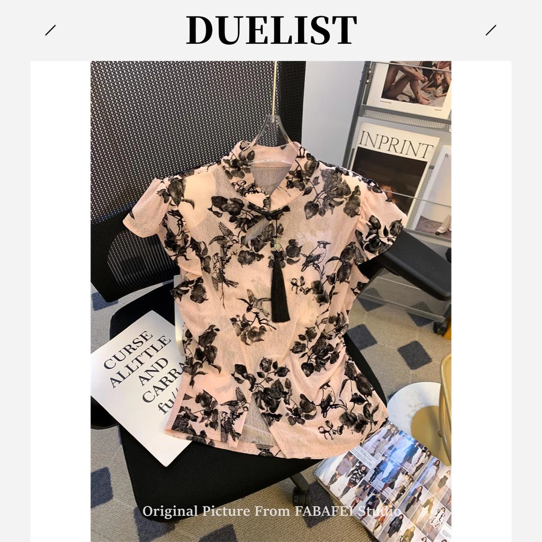 DUELIST新中式小飞袖衫女夏款国风流苏盘扣立领衬衫黑色旗袍上衣