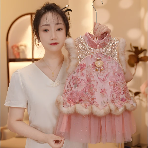 【Y.g5802】2025冬季新款套装裙女宝甜美加绒马甲连衣裙日常中式