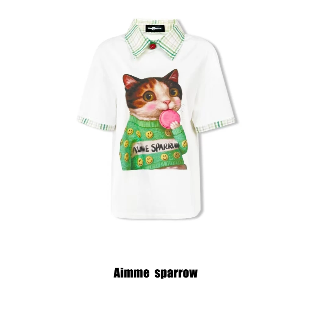 Aimme sparrow 白色笑脸小猫Polo领短袖