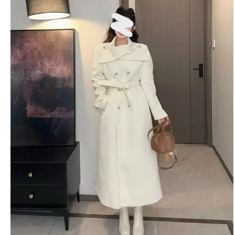 2025新款韩版白色双面夹棉毛呢外套秋冬收腰绑带过膝大衣2489