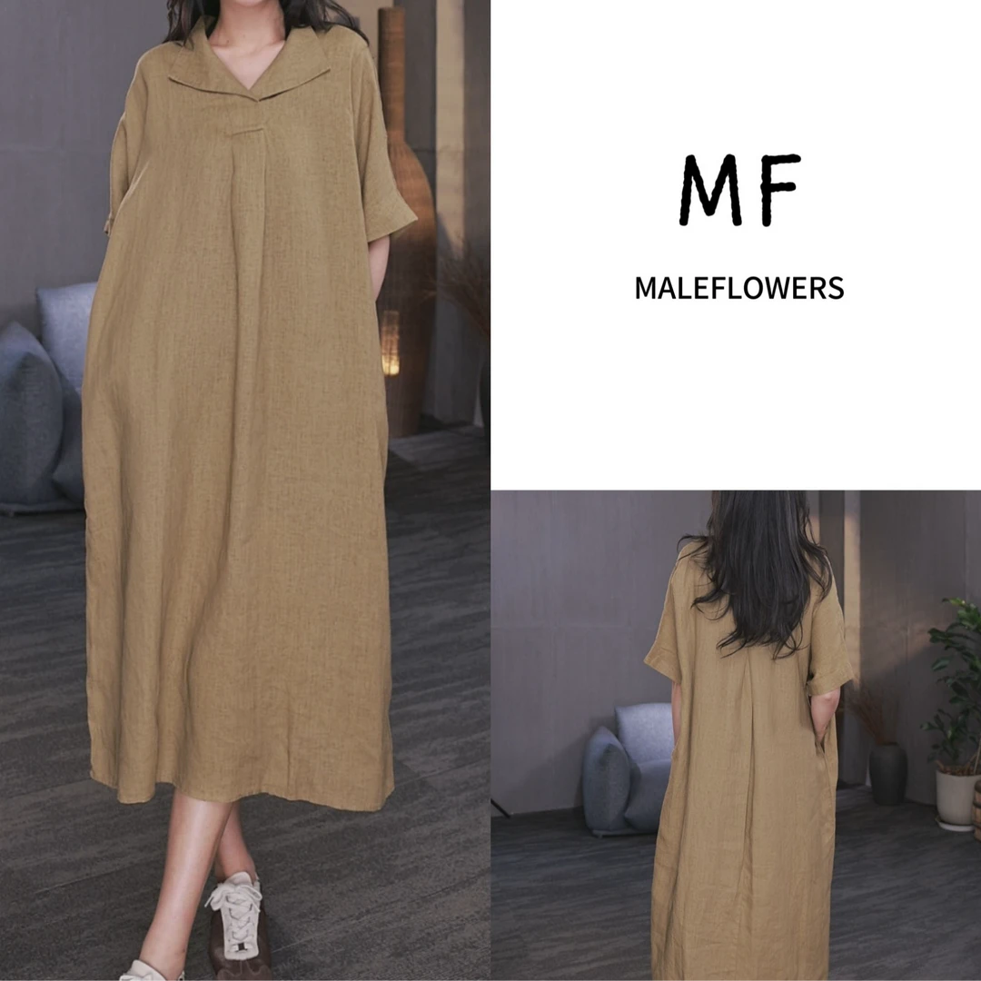 东倪MF 亚麻100复古夏季常规翻领连衣裙女士休闲极简风 85B65019