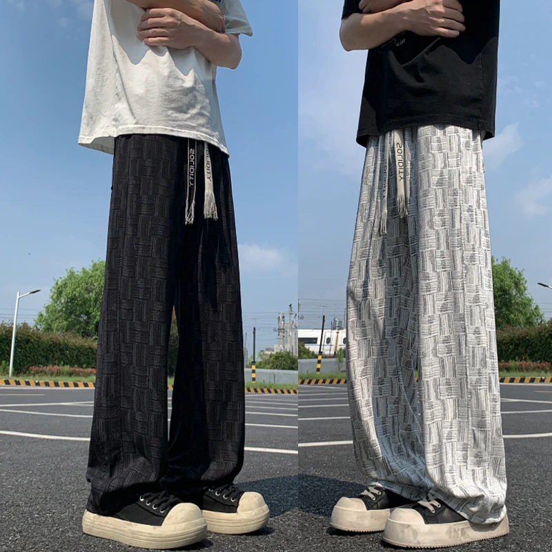 美式高级感宽松扎染冰丝休闲裤男士夏季薄款透气直筒裤潮流长裤子