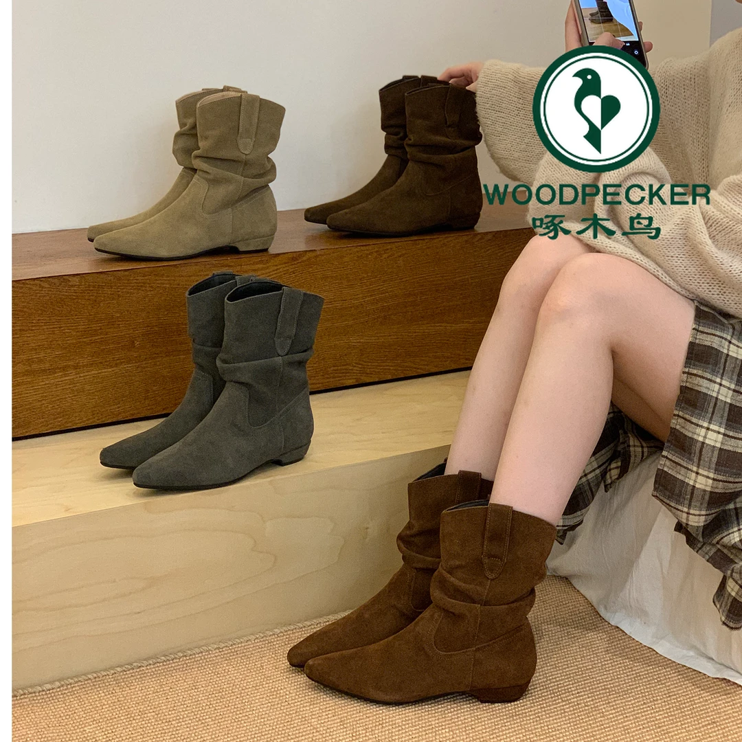 啄木鸟复古低跟尖头西部牛仔堆堆靴女秋冬季新款马丁靴百搭瘦瘦靴