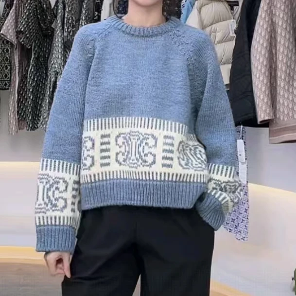 未使用 Celine/思琳 拼色圆领套头长袖毛衣 女款 蓝色/S