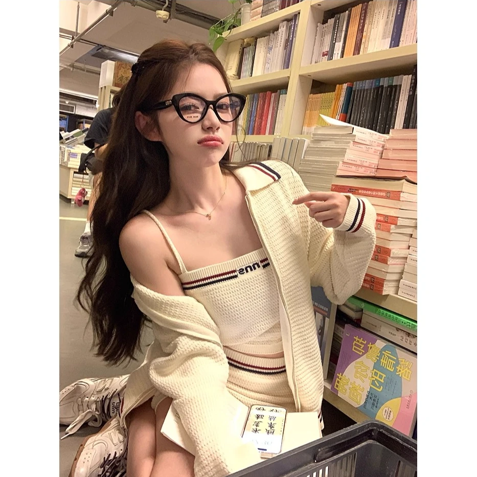 韩系慵懒风套装女条纹修身吊带上衣显瘦开衫外套高腰半身裙三件套