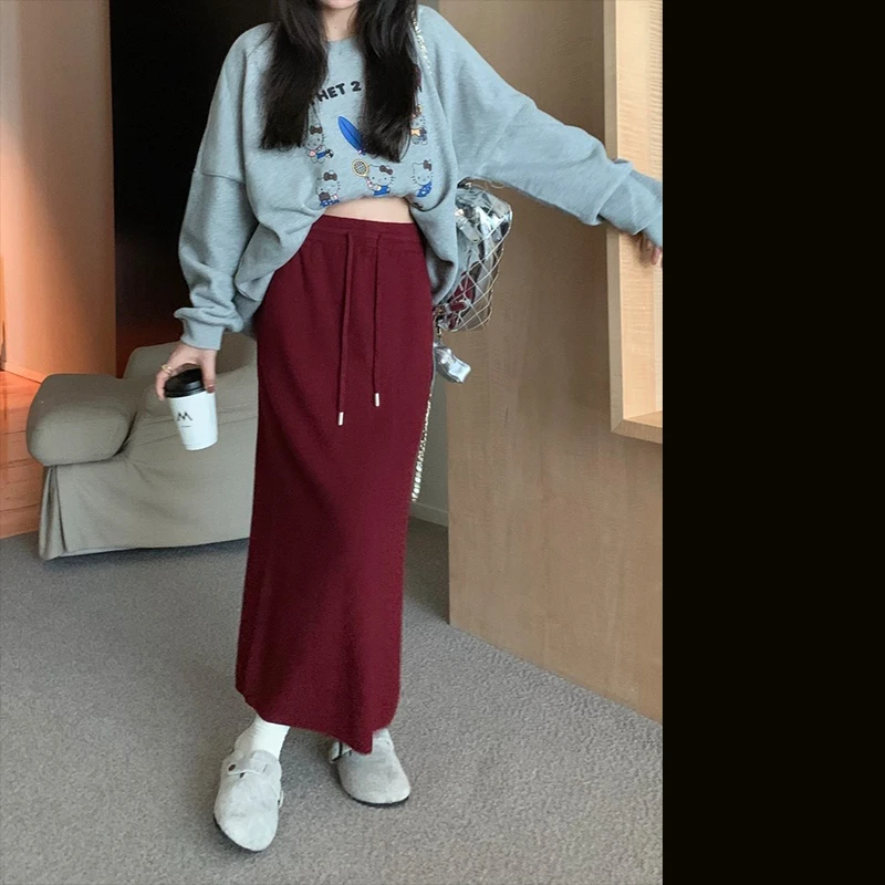 【安哥拉红】高级无托腹孕妇半身裙春秋针织抽绳中长裙孕期产后可穿