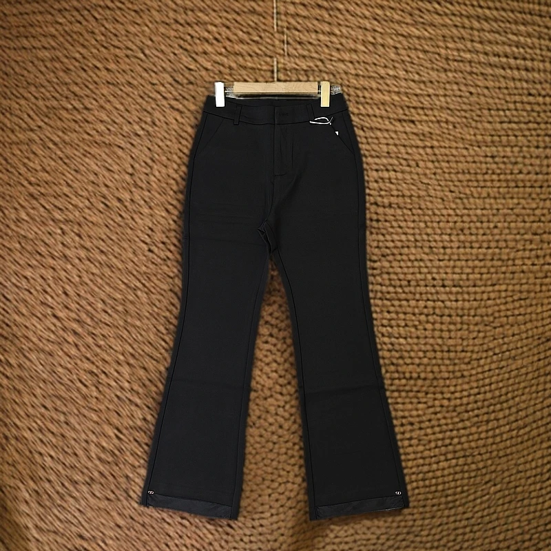 【素境】2601#高档春夏新款蕾丝微喇裤长98女黑色高腰弹力喇叭裤