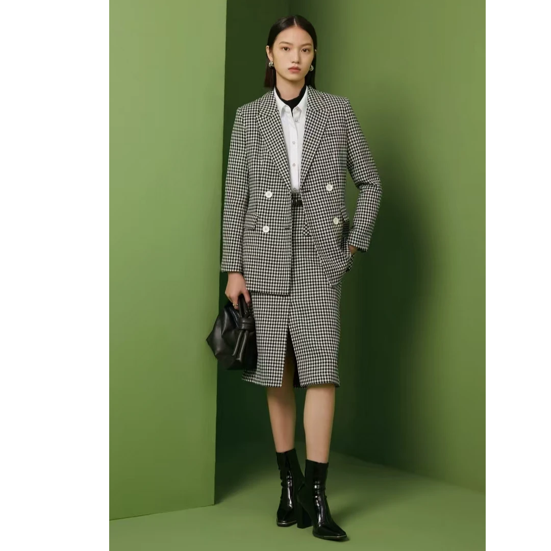 曼德诗绵羊毛休闲西装韩版经典格纹翻领西服M431923
